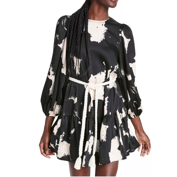 ALEXIS Abstract Long Sleeve Rope Belt Tiered Mini Dress Black and Cream Size XS - Picture 12 of 12